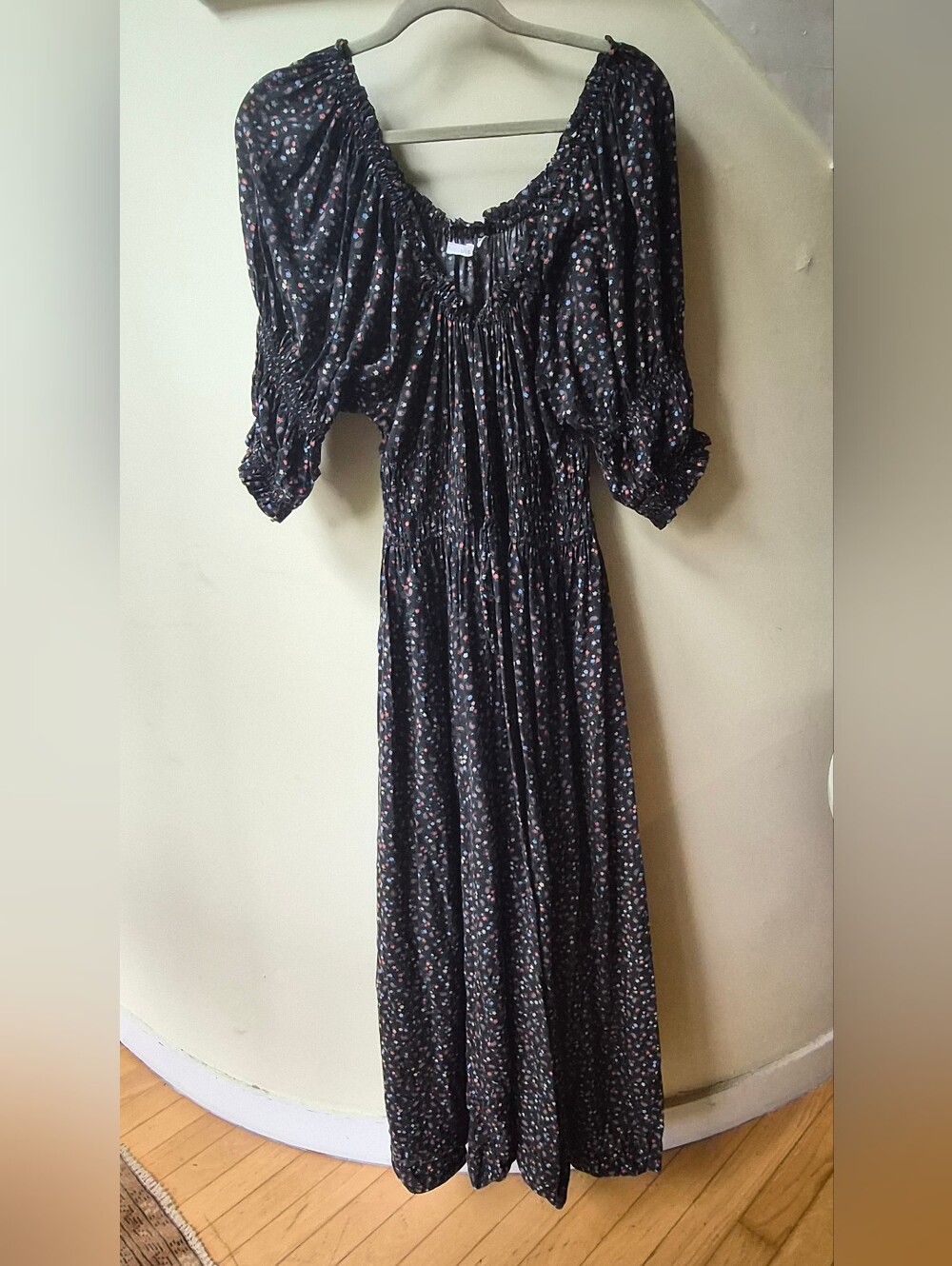 DÔEN Ischia Dress Black Floral Organic Cotton Maxi Puff Sleeve